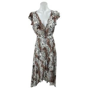 Kivari White Tan Leopard Print Short Sleeve Ruffle Fit & Flare Maxi Dress Size S